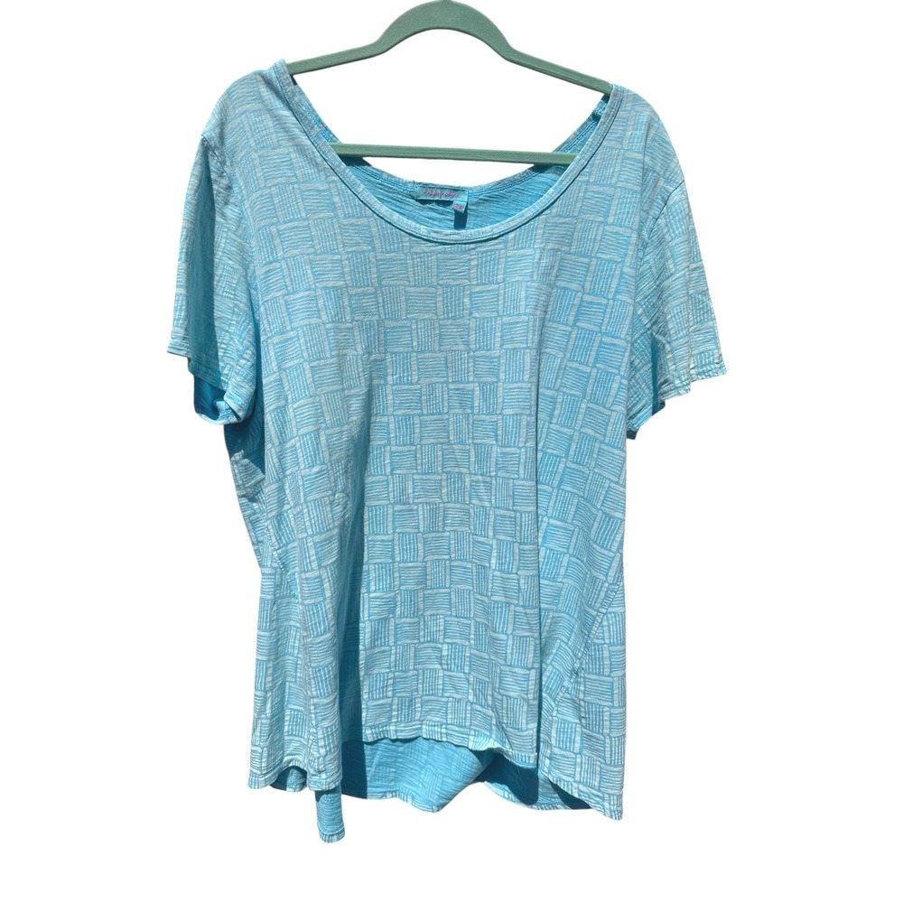 Fresh Produce Womens 2X Aqua Blue Graphic Print Short Sleeve Top Tee Scoop Neck